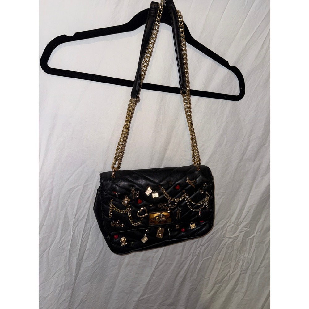 Aldo Black Quilted Crossbody Bag Gold Charms Chains Hearts Stars Twist Lock
